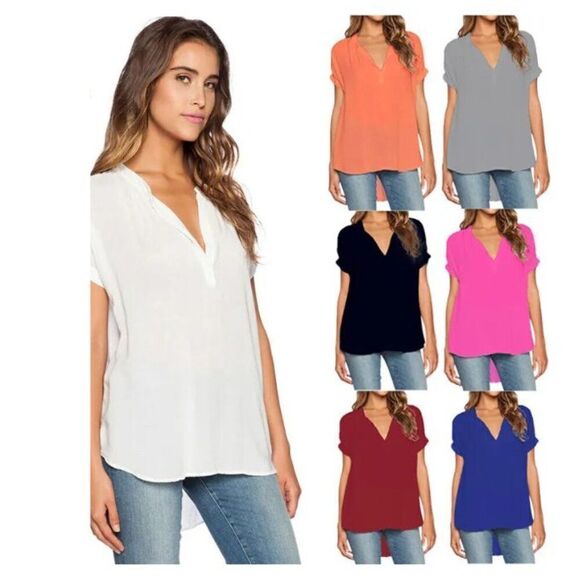 Casual Short Sleeve V-Neck Blouse Blue M - Picture 2 of 3